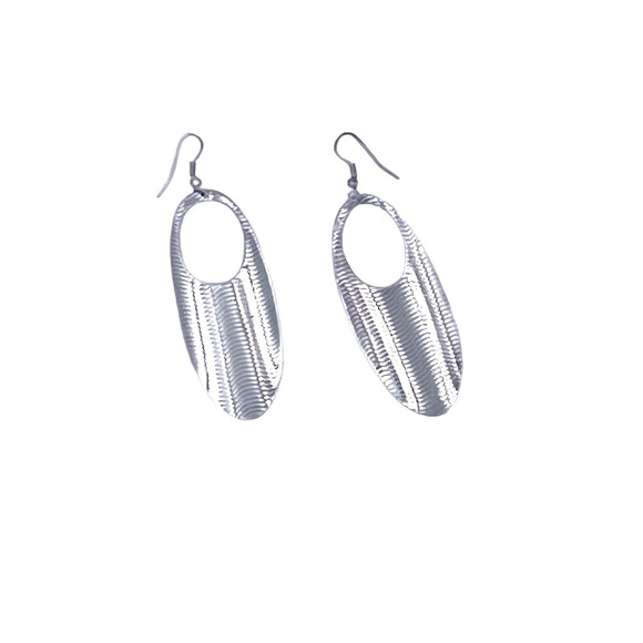 Sterling Silver Wave Pattern Oval Dangle Earrings – French Hook – 2" Length - Picture 4 of 8